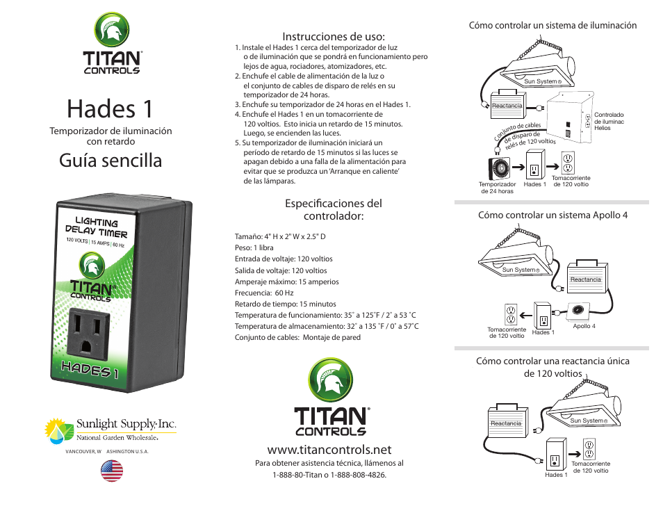 Hades 1, Guía sencilla, Instrucciones de uso | Especificaciones del controlador, Temporizador de iluminación con retardo | Sunlight Supply Titan Controls® Hades® 1 - 15 Minute Lighting Delay Timer User Manual | Page 2 / 2