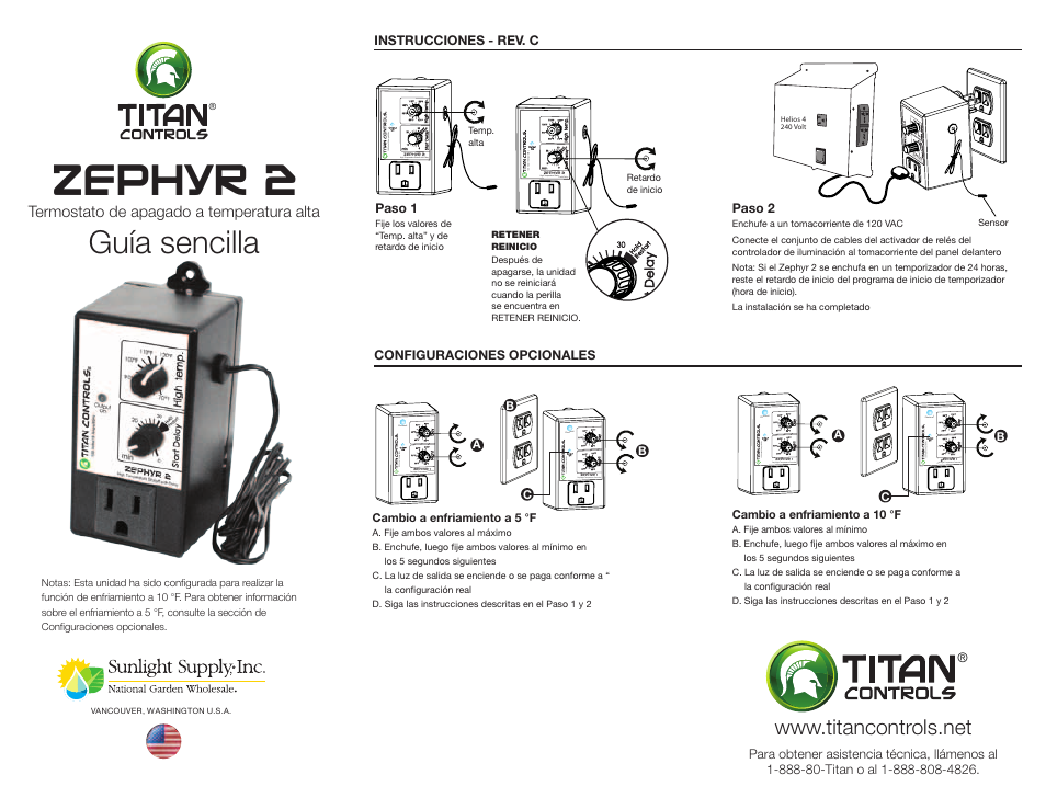 Zephyr 2, Guía sencilla | Sunlight Supply Titan Controls® Zephyr™ 2 - High Temperature Shut-Off with Delay User Manual | Page 2 / 2
