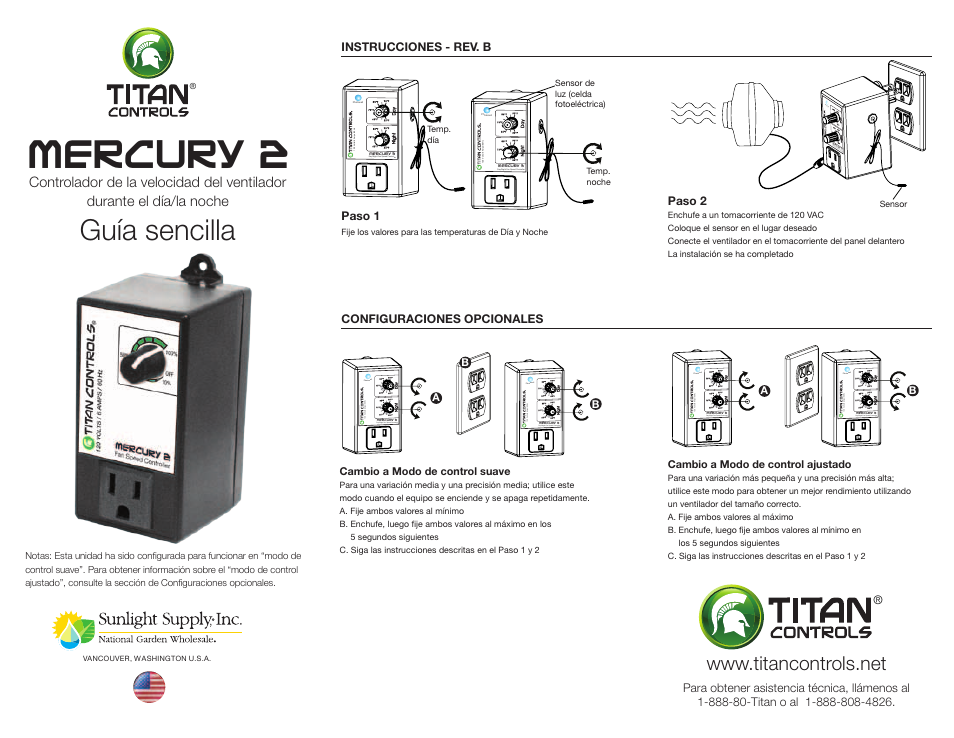 Mercury 2, Guía sencilla, Vo lt s/ 6 | Am p s/ 60 h z day/night, Speed, Controller, Photocell 12 0, Photocell, Day/night fan speed controller, Photo cell | Sunlight Supply Titan Controls® Mercury® 2 - Fan Speed Controller User Manual | Page 2 / 2