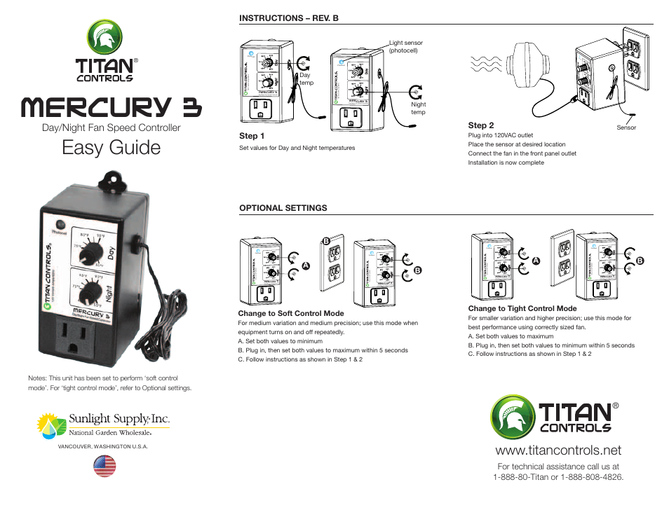 Sunlight Supply Titan Controls® Mercury® 3 - Day/Night Fan Controller User Manual | 2 pages