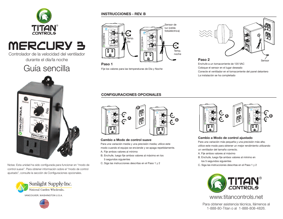 Mercury 3, Guía sencilla, Vo lt s/ 6 | Am p s/ 60 h z day/night, Speed, Controller, Photocell 12 0, Photocell, Day/night fan speed controller, Photo cell | Sunlight Supply Titan Controls® Mercury® 3 - Day/Night Fan Controller User Manual | Page 2 / 2