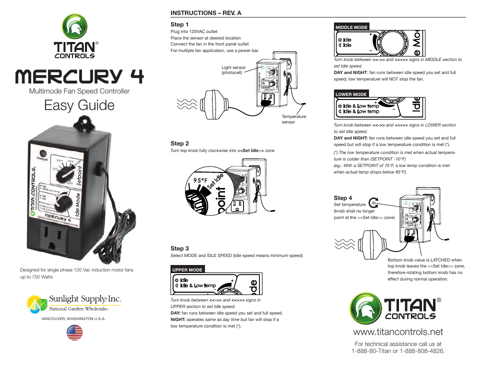 Sunlight Supply Titan Controls® Mercury® 4 - Multi-Function Fan Speed Controller User Manual | 2 pages