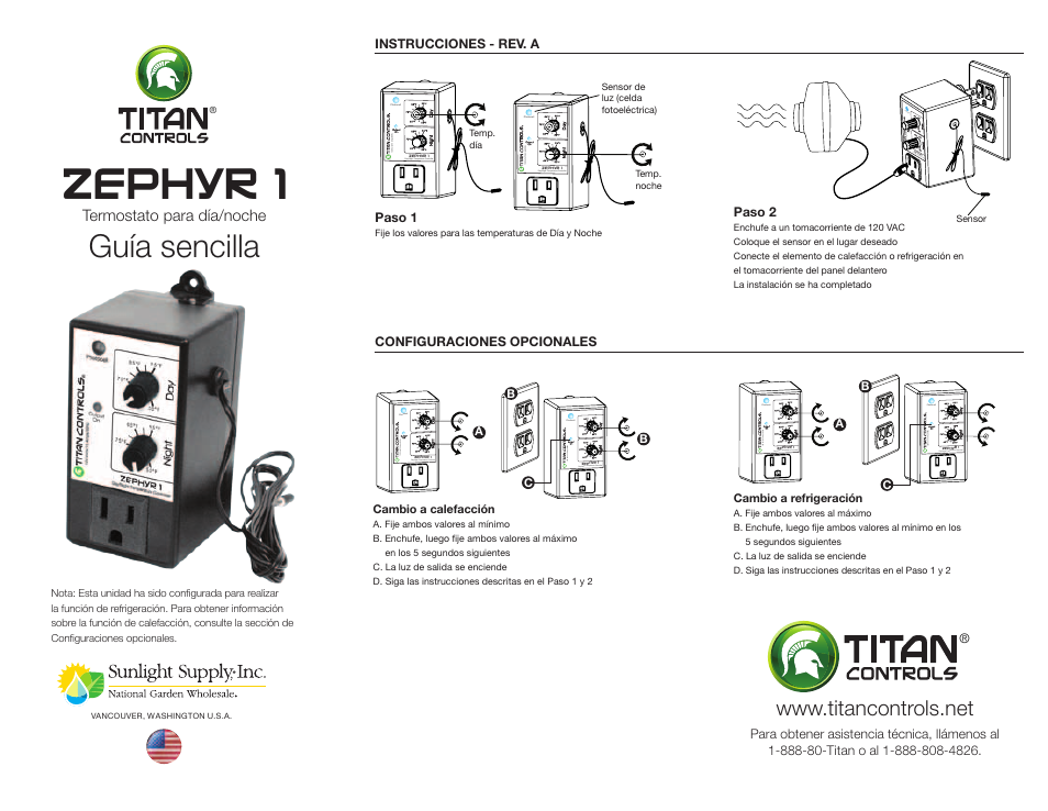 Zephyr 1, Guía sencilla | Sunlight Supply Titan Controls® Zephyr™ 1 - Day/Night Temperature Controller User Manual | Page 2 / 2