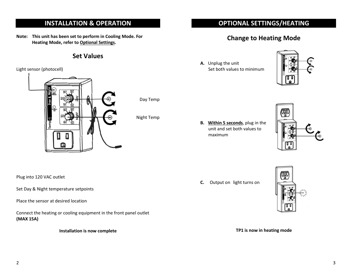 Installation & operation, Set values, Optional settings/heating | Change to heating mode | Sunlight Supply Grozone Control TP1 Day/Night Tempstat User Manual | Page 3 / 7