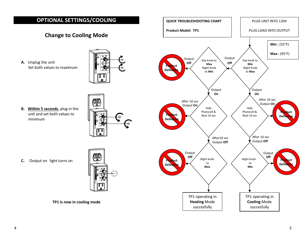 Optional settings/cooling change to cooling mode | Sunlight Supply Grozone Control TP1 Day/Night Tempstat User Manual | Page 4 / 7