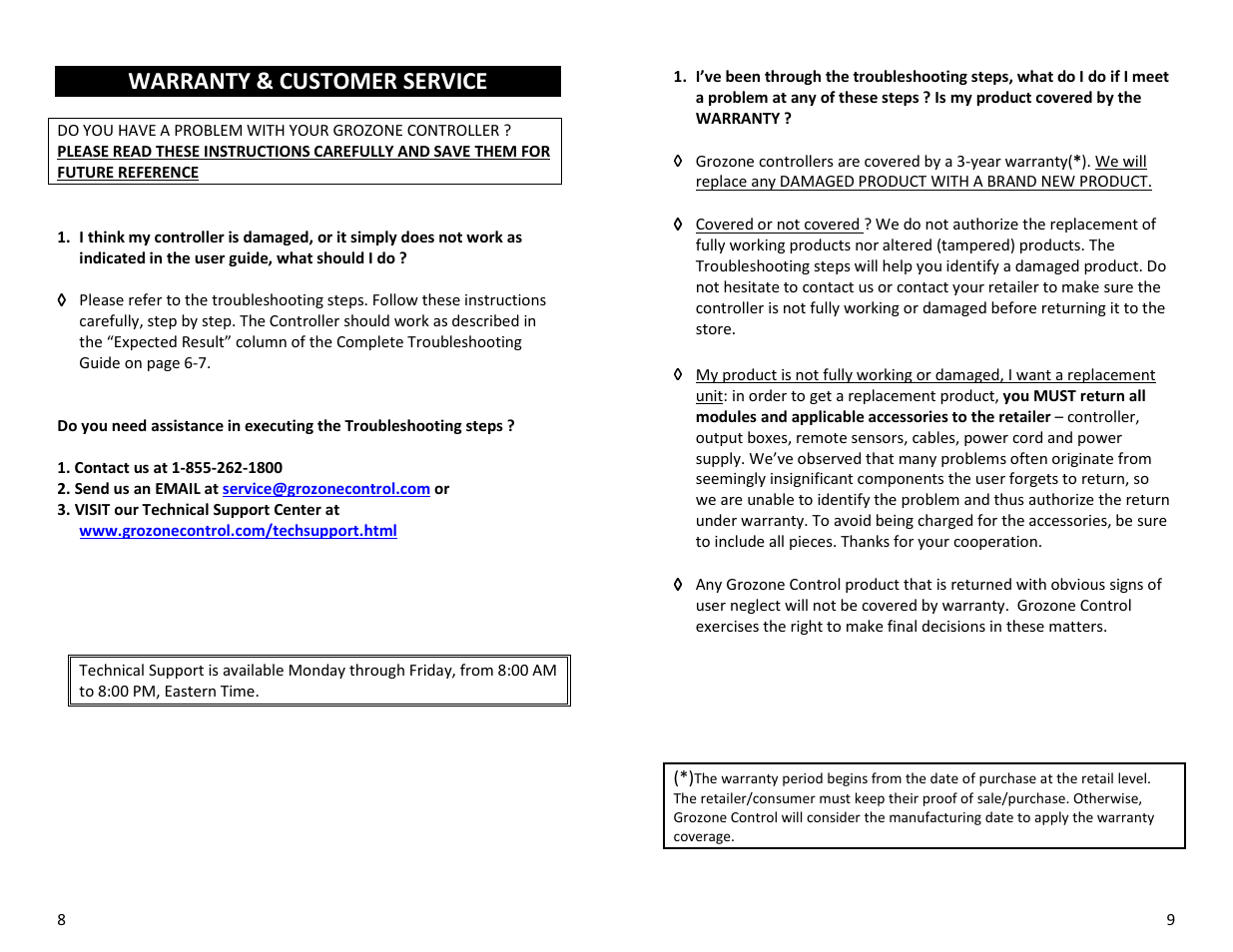 Warranty & customer service | Sunlight Supply Grozone Control TP1 Day/Night Tempstat User Manual | Page 6 / 7