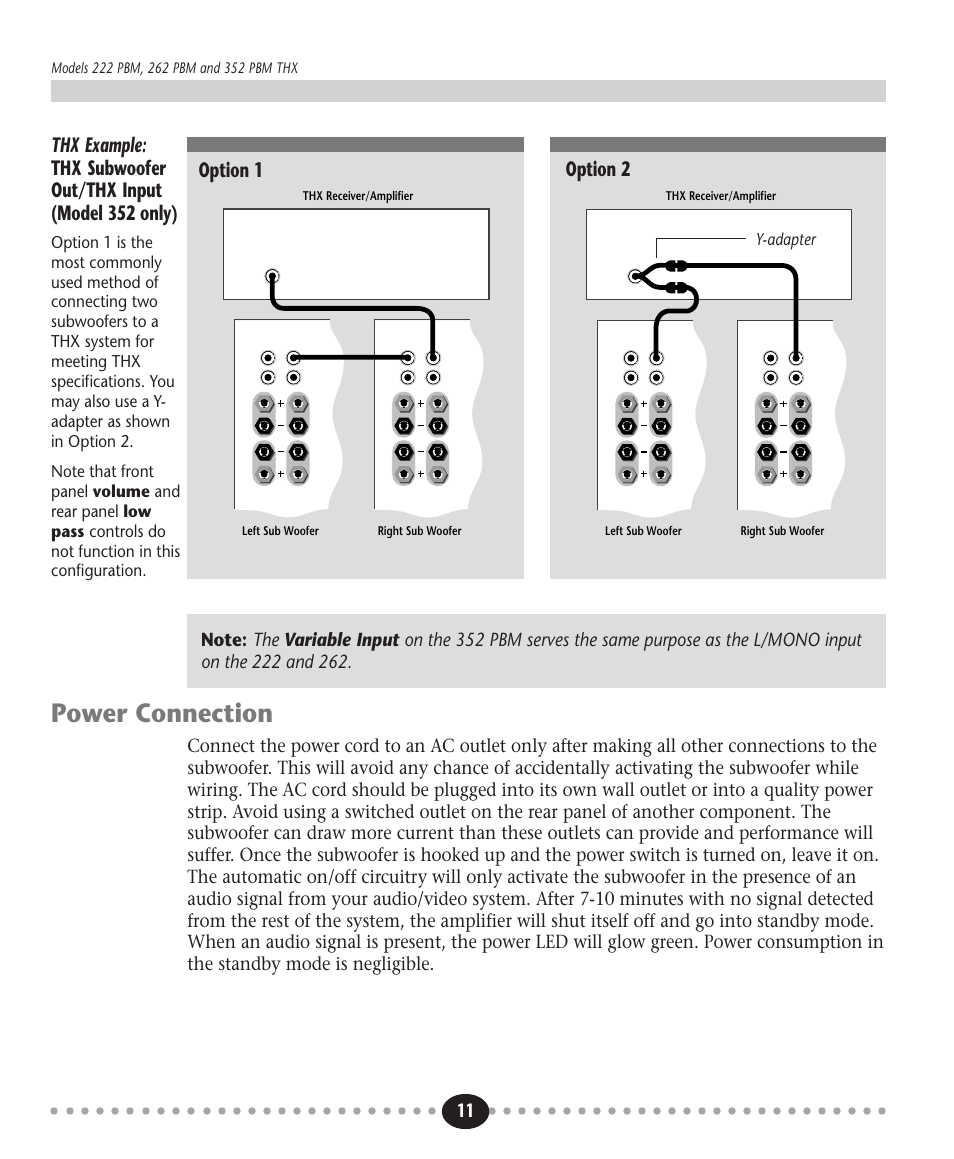 Tlantic, Power connection, Option 1 option 2 | Y-adapter | Atlantic Technology 222 PBM User Manual | Page 11 / 16