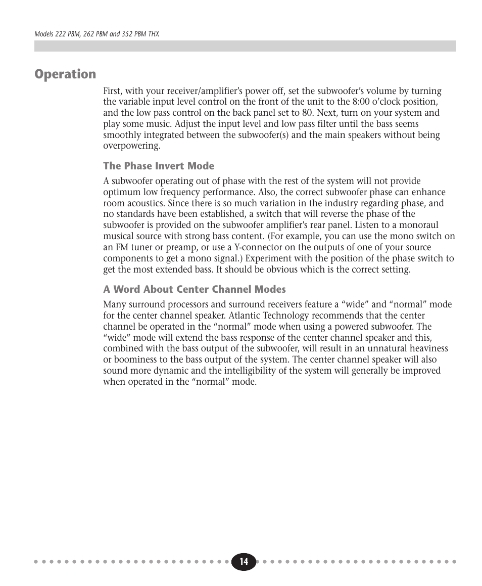 Tlantic, Operation | Atlantic Technology 222 PBM User Manual | Page 14 / 16