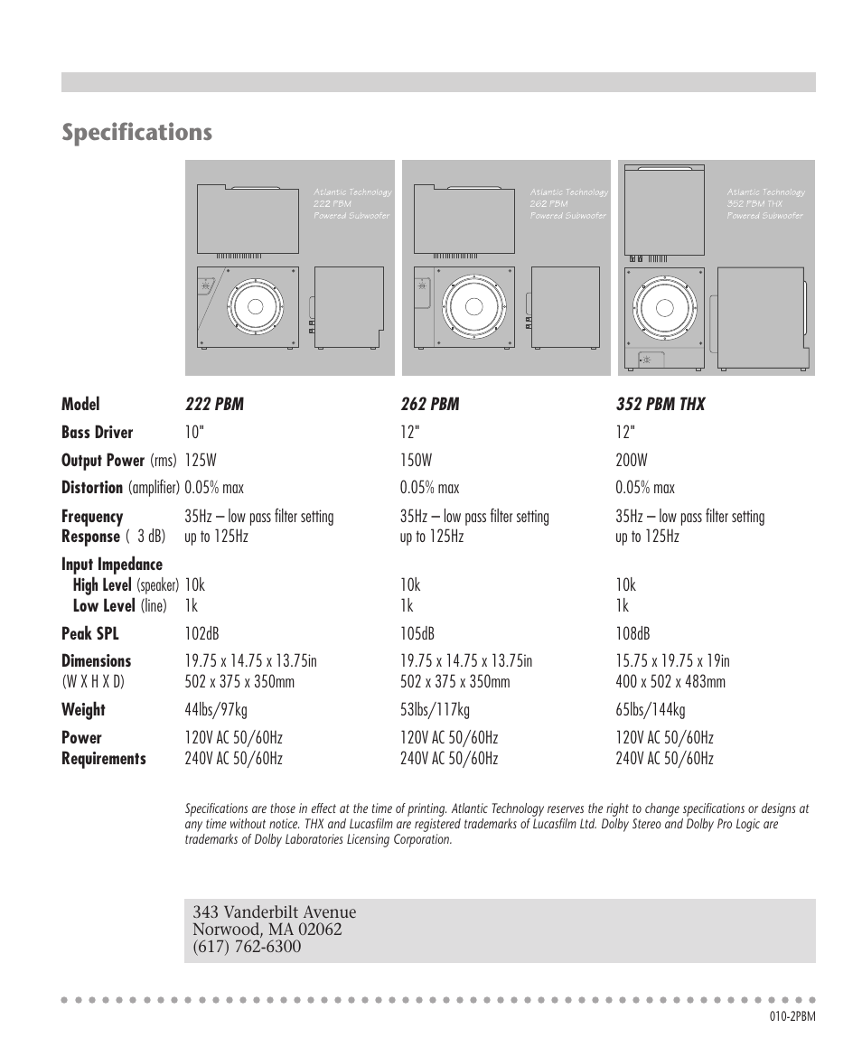 Tlantic, Specifications | Atlantic Technology 222 PBM User Manual | Page 16 / 16