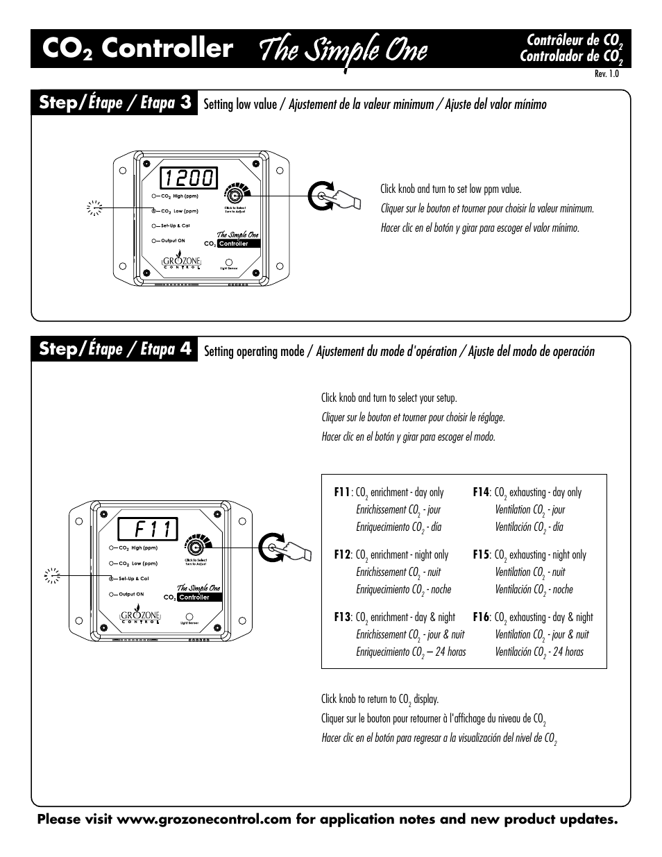 Controller, F 1 1, Step/ étape / etapa 3 step/ étape / etapa 4 | Contrôleur de co, Controlador de co | Sunlight Supply Grozone Control SCO2 0-5000 PPM CO2 Controller "Simple One Series User Manual | Page 2 / 4