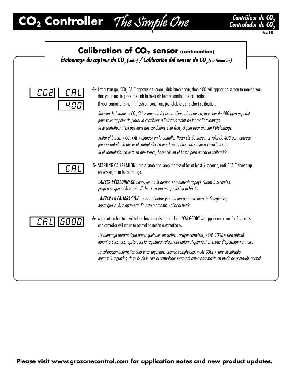 Controller, Calibration of co, Sensor | Contrôleur de co, Controlador de co | Sunlight Supply Grozone Control SCO2 0-5000 PPM CO2 Controller "Simple One Series User Manual | Page 4 / 4