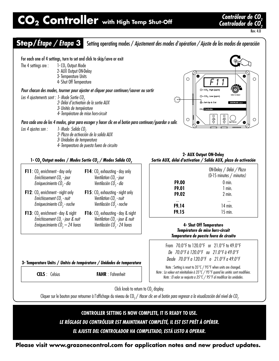 Controller, F 1 1, Step/ étape / etapa 3 | Contrôleur de co, Controlador de co | Sunlight Supply Grozone Control CO2R 0-5000 PPM CO2 Controller with AUX Output and High Temp User Manual | Page 2 / 5