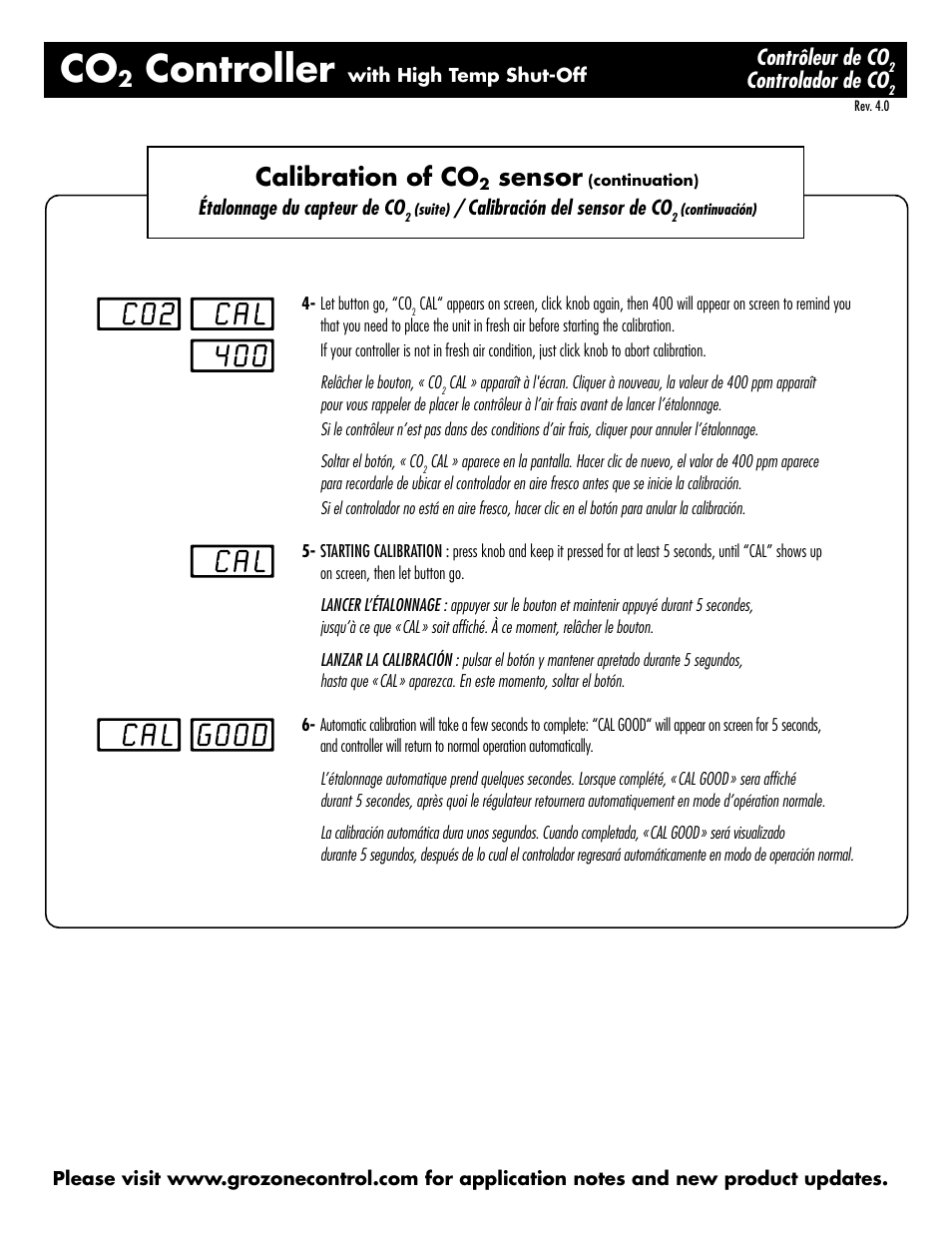 Controller, Calibration of co, Sensor | Contrôleur de co, Controlador de co | Sunlight Supply Grozone Control CO2R 0-5000 PPM CO2 Controller with AUX Output and High Temp User Manual | Page 5 / 5