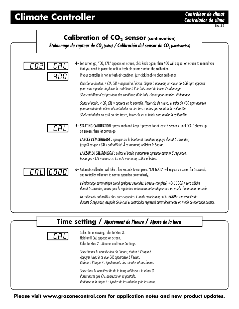 Climate controller, Calibration of co, Sensor | Time setting, Contrôleur de climat controlador de clima | Sunlight Supply Grozone Control HTC Climate Controller (Temp, rH and CO2) Two Outputs with Digital Display User Manual | Page 10 / 12