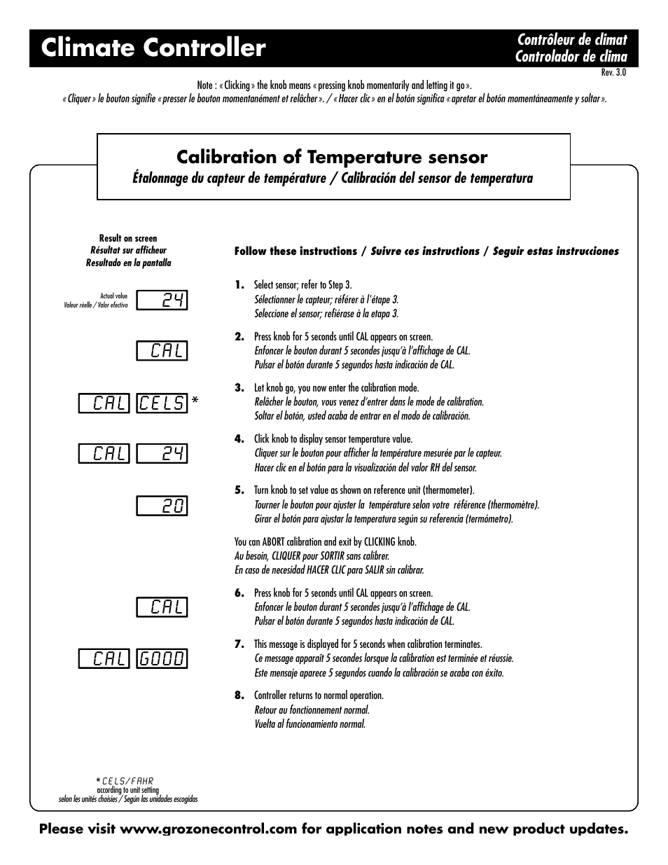 Climate controller, Calibration of temperature sensor, Contrôleur de climat controlador de clima | Sunlight Supply Grozone Control HTC Climate Controller (Temp, rH and CO2) Two Outputs with Digital Display User Manual | Page 12 / 12