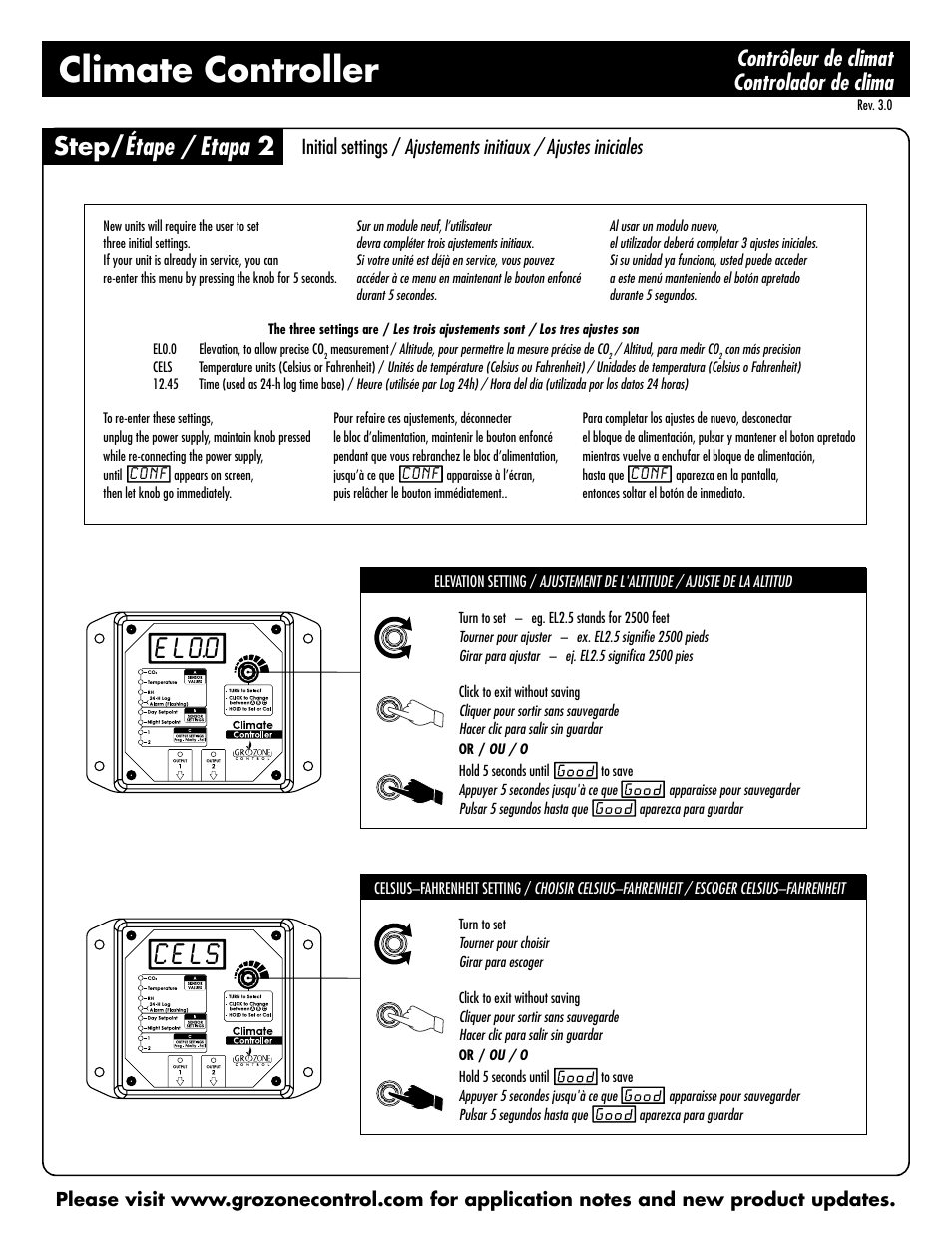 Climate controller, E l o.o, C e l s | Step/ étape / etapa 2, Contrôleur de climat controlador de clima | Sunlight Supply Grozone Control HTC Climate Controller (Temp, rH and CO2) Two Outputs with Digital Display User Manual | Page 2 / 12