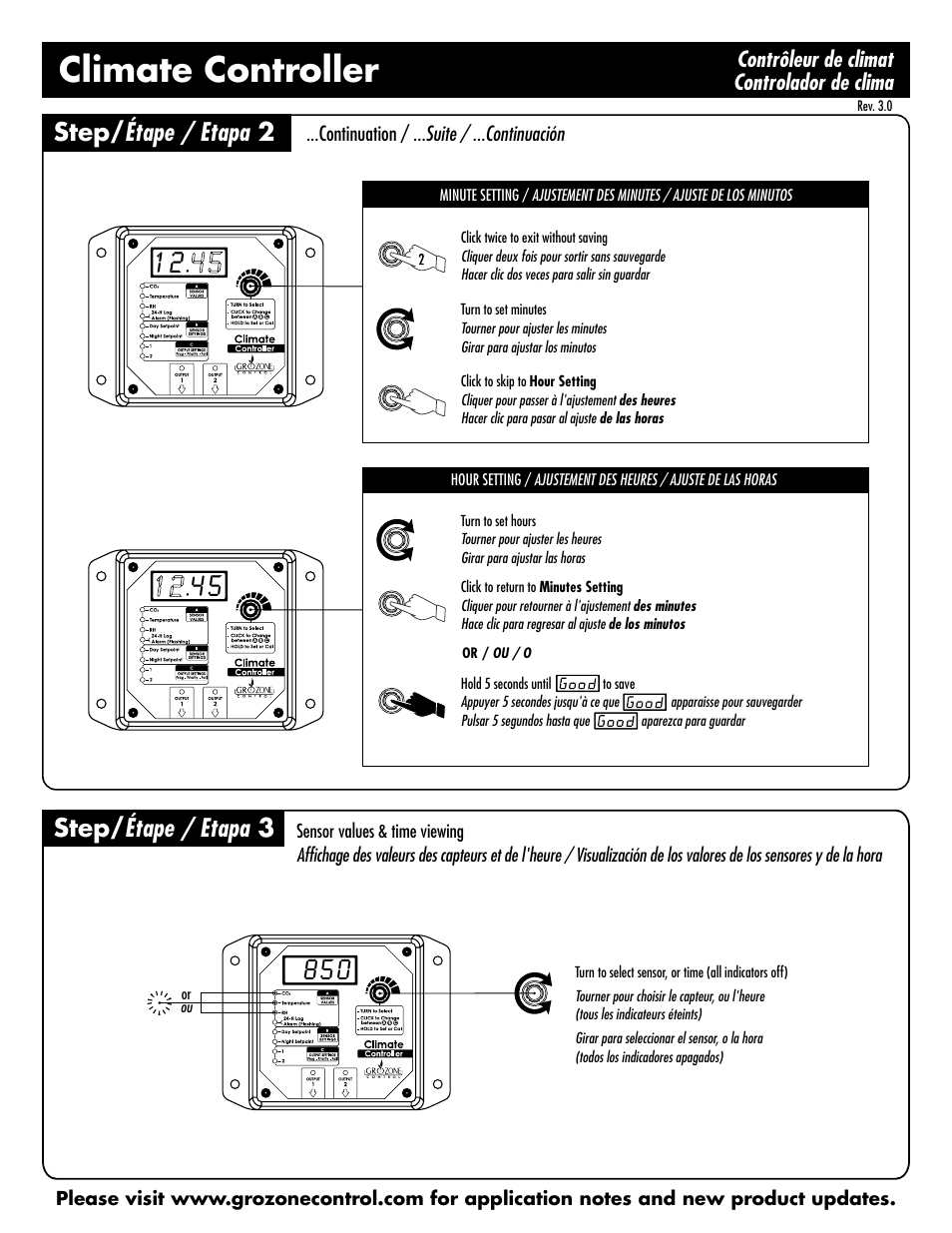 Climate controller, Step/ étape / etapa 2, Step/ étape / etapa 3 | Sunlight Supply Grozone Control HTC Climate Controller (Temp, rH and CO2) Two Outputs with Digital Display User Manual | Page 3 / 12