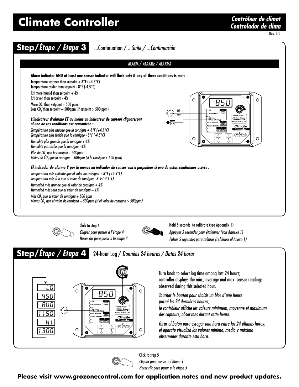 Climate controller, Step/ étape / etapa 4, Step/ étape / etapa 3 | Contrôleur de climat controlador de clima | Sunlight Supply Grozone Control HTC Climate Controller (Temp, rH and CO2) Two Outputs with Digital Display User Manual | Page 4 / 12