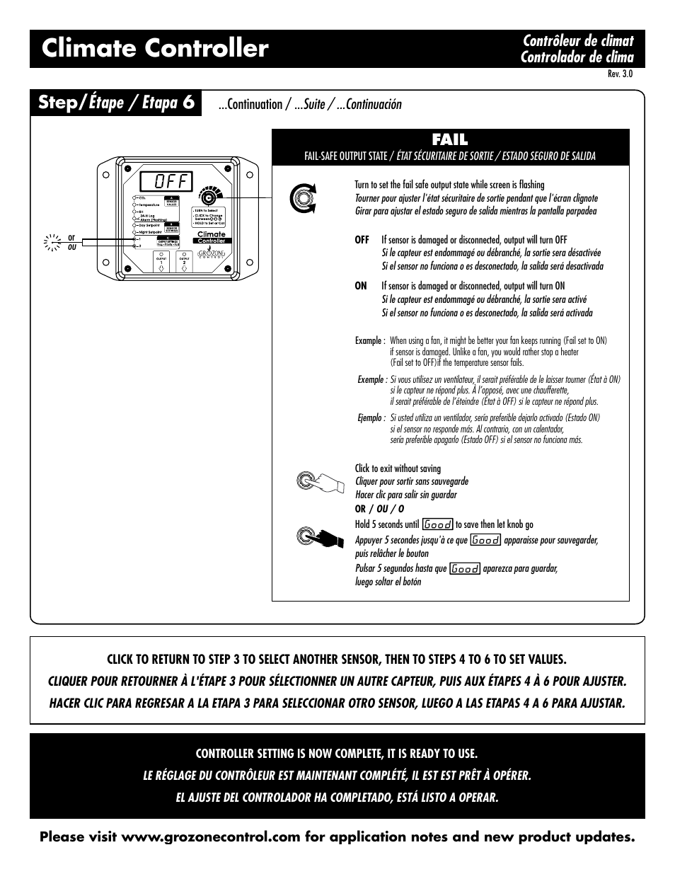 Climate controller, O f f, Step/ étape / etapa 6 | Contrôleur de climat controlador de clima, Fail, Continuation / ... suite / ...continuación | Sunlight Supply Grozone Control HTC Climate Controller (Temp, rH and CO2) Two Outputs with Digital Display User Manual | Page 8 / 12