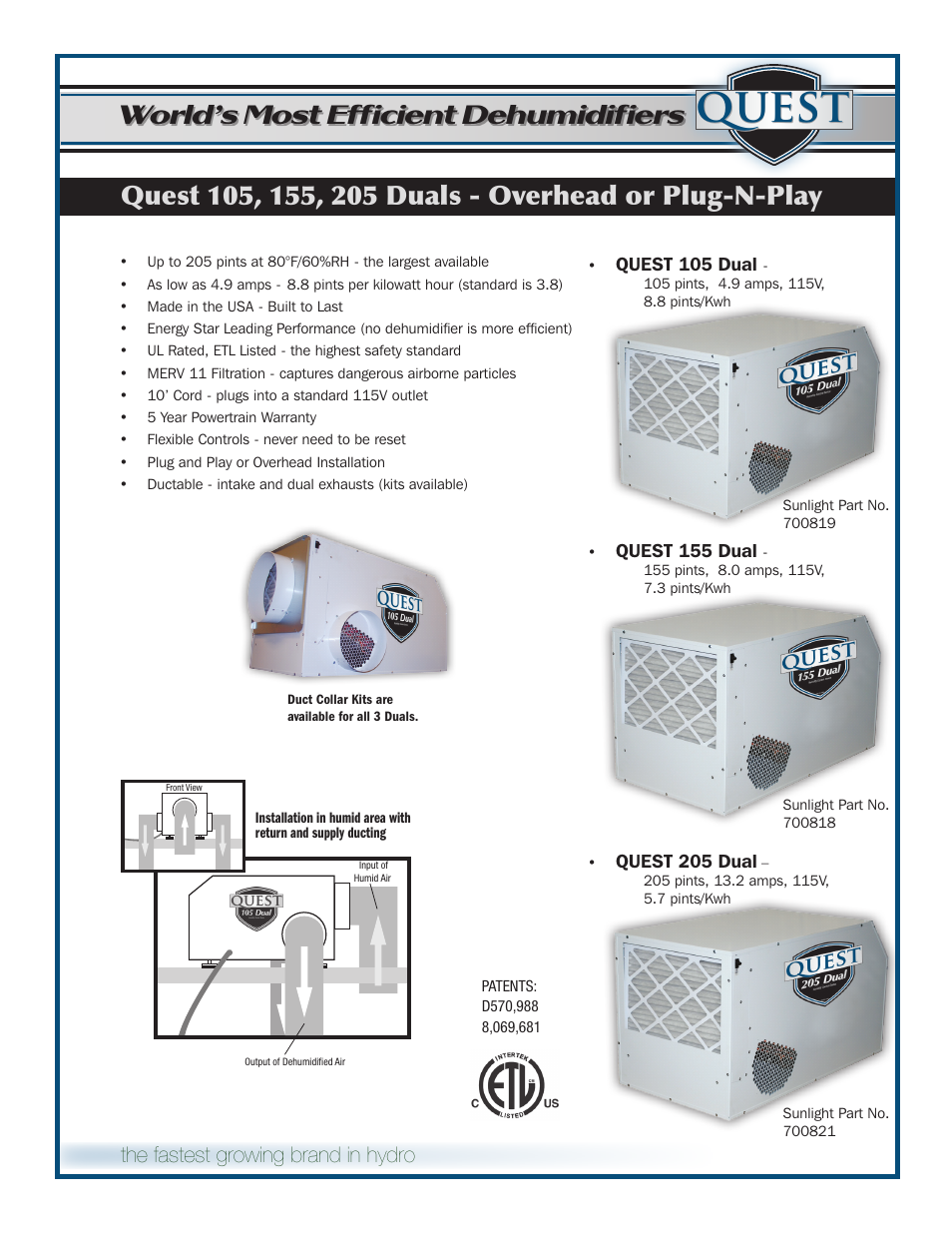 Quest, World’s most efficient dehumidifiers, The fastest growing brand in hydro | Sunlight Supply Quest Dual 155 Overhead Dehumidifier User Manual | Page 2 / 8