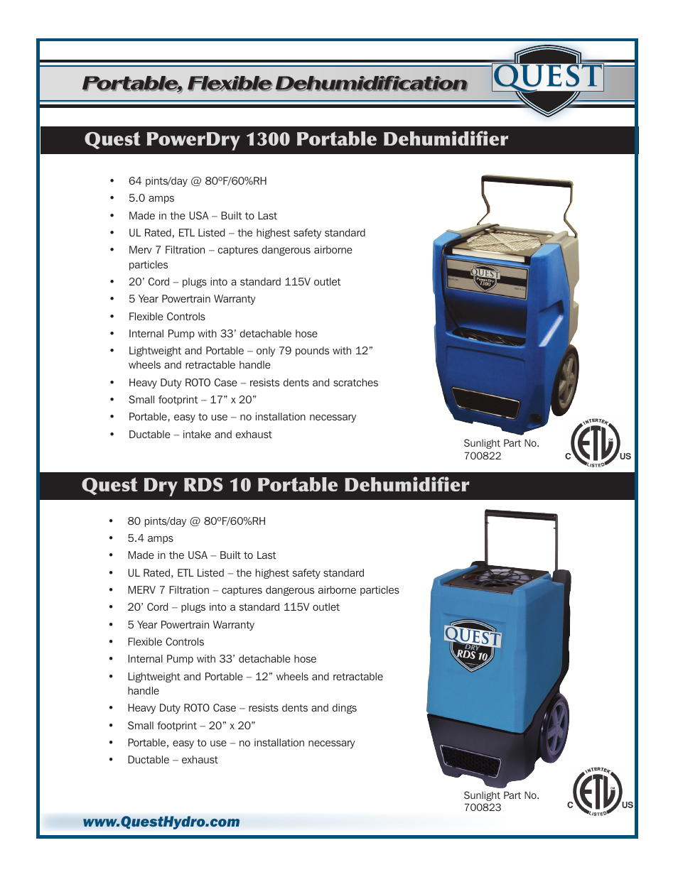 Quest, Quest powerdry 1300 portable dehumidifier, Quest dry rds 10 portable dehumidifier | Portable, flexible dehumidification | Sunlight Supply Quest Dual 155 Overhead Dehumidifier User Manual | Page 5 / 8