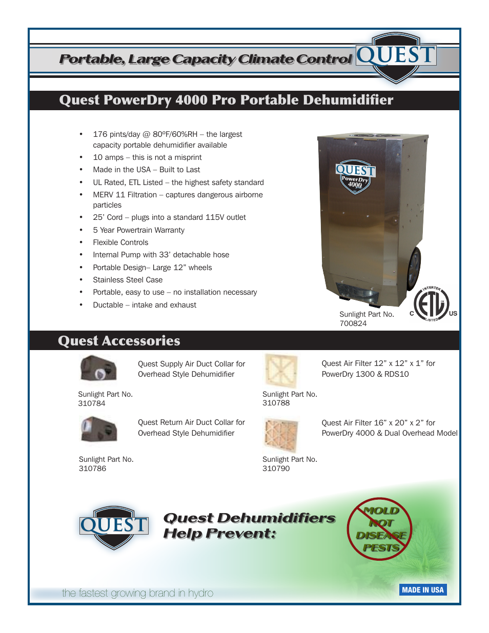 Quest, Quest powerdry 4000 pro portable dehumidifier, Quest accessories | Sunlight Supply Quest Dual 155 Overhead Dehumidifier User Manual | Page 6 / 8