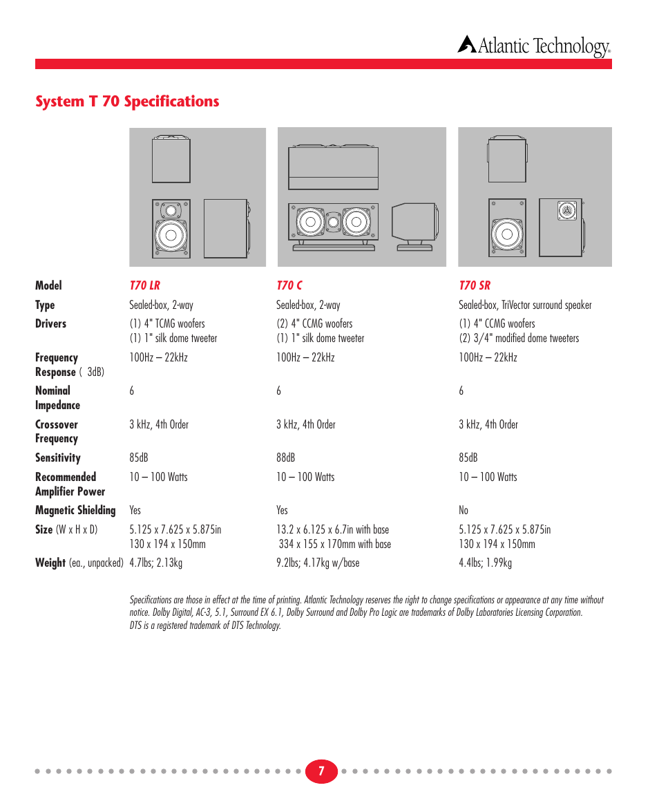 Atlantic technology, System t 70 specifications | Atlantic Technology T70 User Manual | Page 7 / 8
