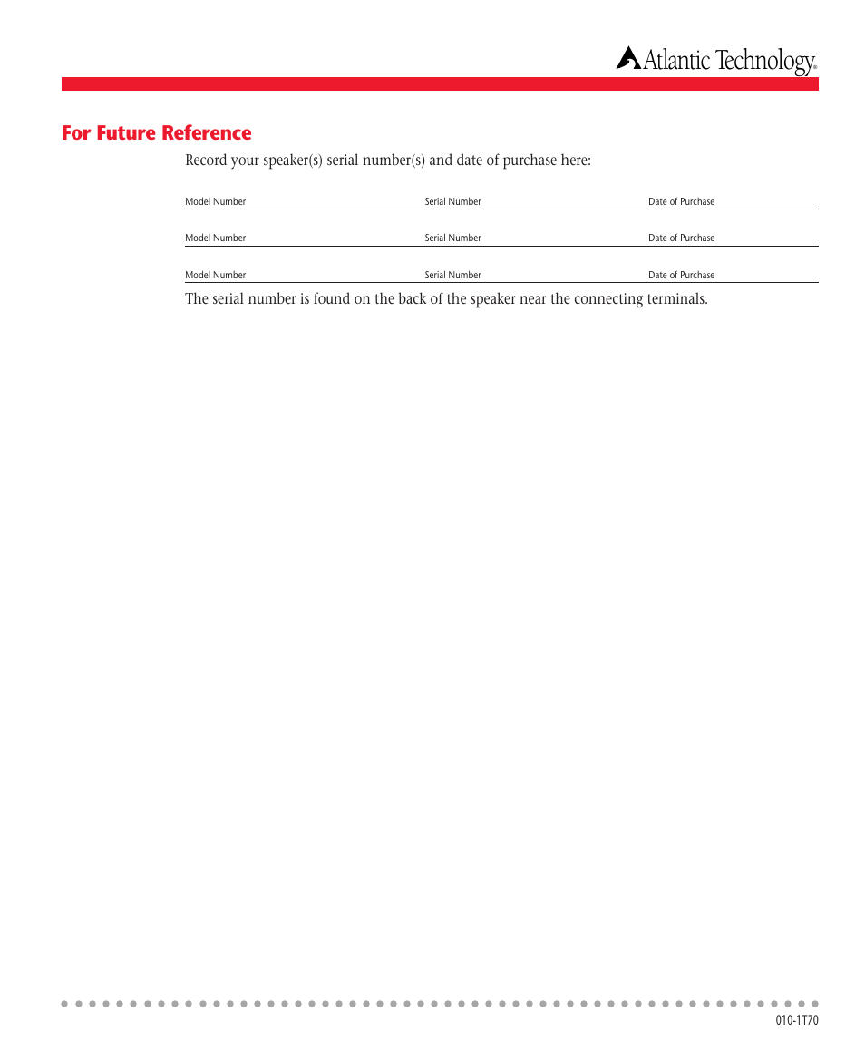 Atlantic technology, For future reference | Atlantic Technology T70 User Manual | Page 8 / 8