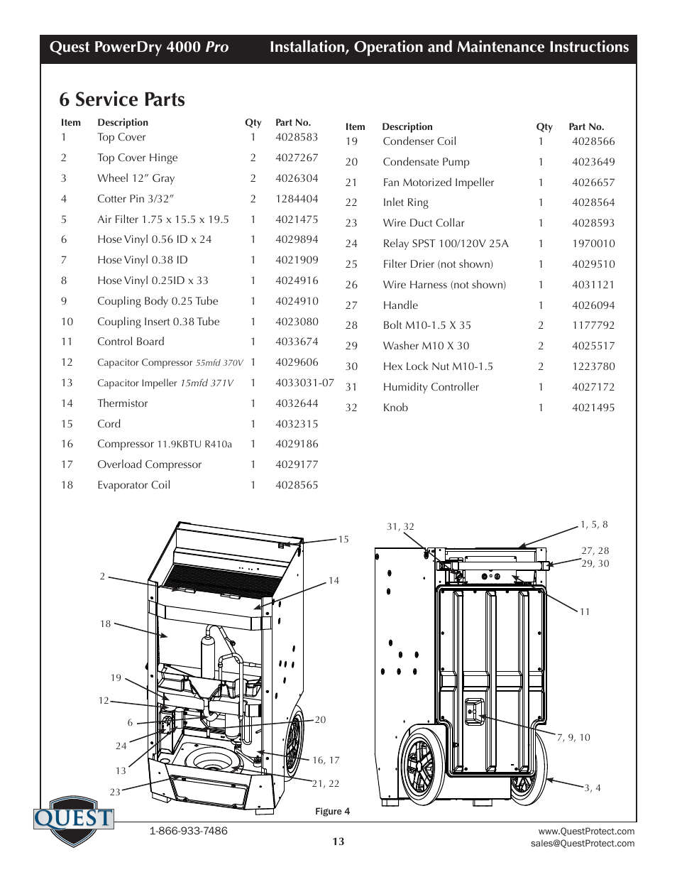 Quest, 6 service parts | Sunlight Supply Quest PowerDry 4000 Pro Dehumidifier User Manual | Page 13 / 14