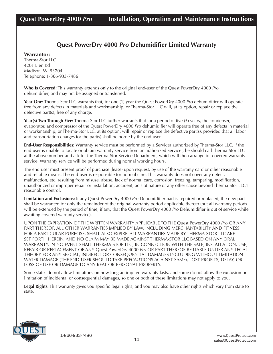 Quest | Sunlight Supply Quest PowerDry 4000 Pro Dehumidifier User Manual | Page 14 / 14