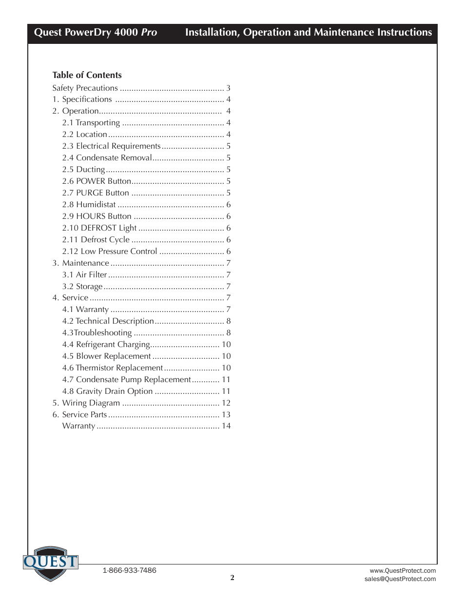 Quest | Sunlight Supply Quest PowerDry 4000 Pro Dehumidifier User Manual | Page 2 / 14