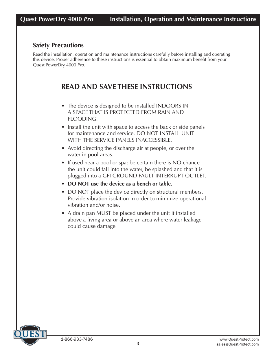 Quest, Read and save these instructions | Sunlight Supply Quest PowerDry 4000 Pro Dehumidifier User Manual | Page 3 / 14