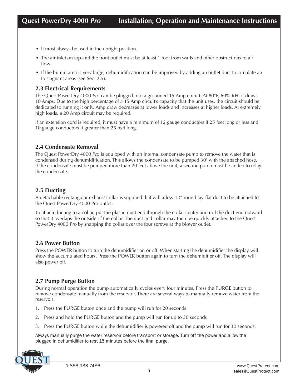 Quest | Sunlight Supply Quest PowerDry 4000 Pro Dehumidifier User Manual | Page 5 / 14