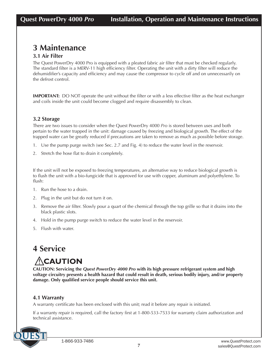 Quest, 3 maintenance, 4 service | Sunlight Supply Quest PowerDry 4000 Pro Dehumidifier User Manual | Page 7 / 14