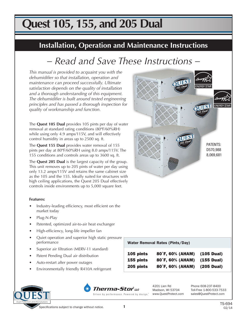 Sunlight Supply Quest Dual 155 Overhead Dehumidifier User Manual | 15 pages