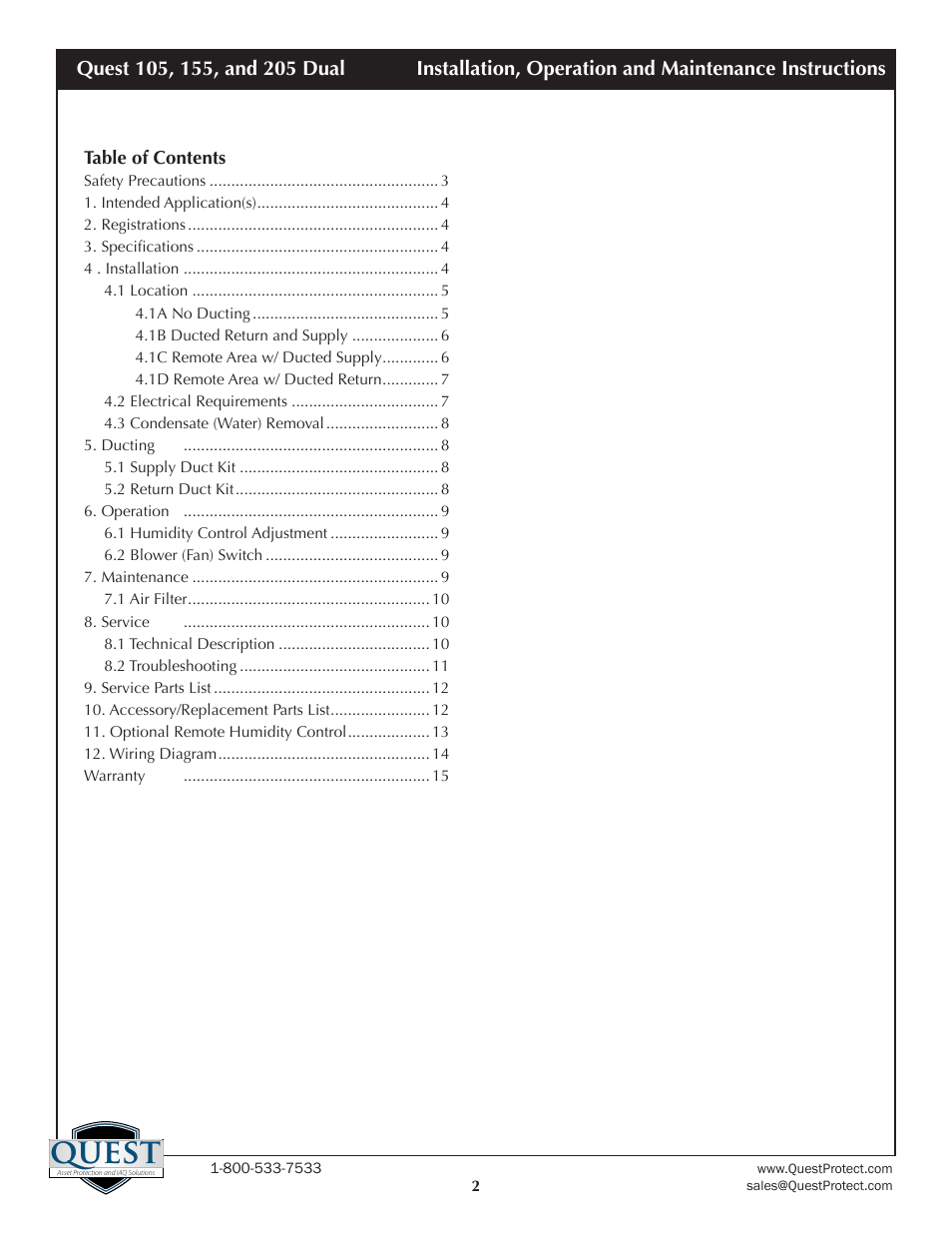 Quest | Sunlight Supply Quest Dual 155 Overhead Dehumidifier User Manual | Page 2 / 15