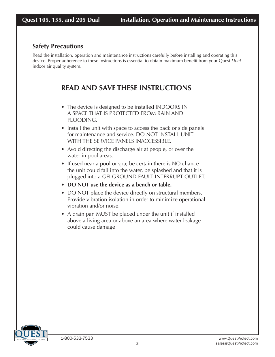 Quest, Read and save these instructions | Sunlight Supply Quest Dual 155 Overhead Dehumidifier User Manual | Page 3 / 15