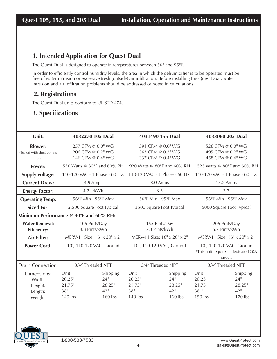 Quest, Intended application for quest dual, Registrations | Specifications | Sunlight Supply Quest Dual 155 Overhead Dehumidifier User Manual | Page 4 / 15