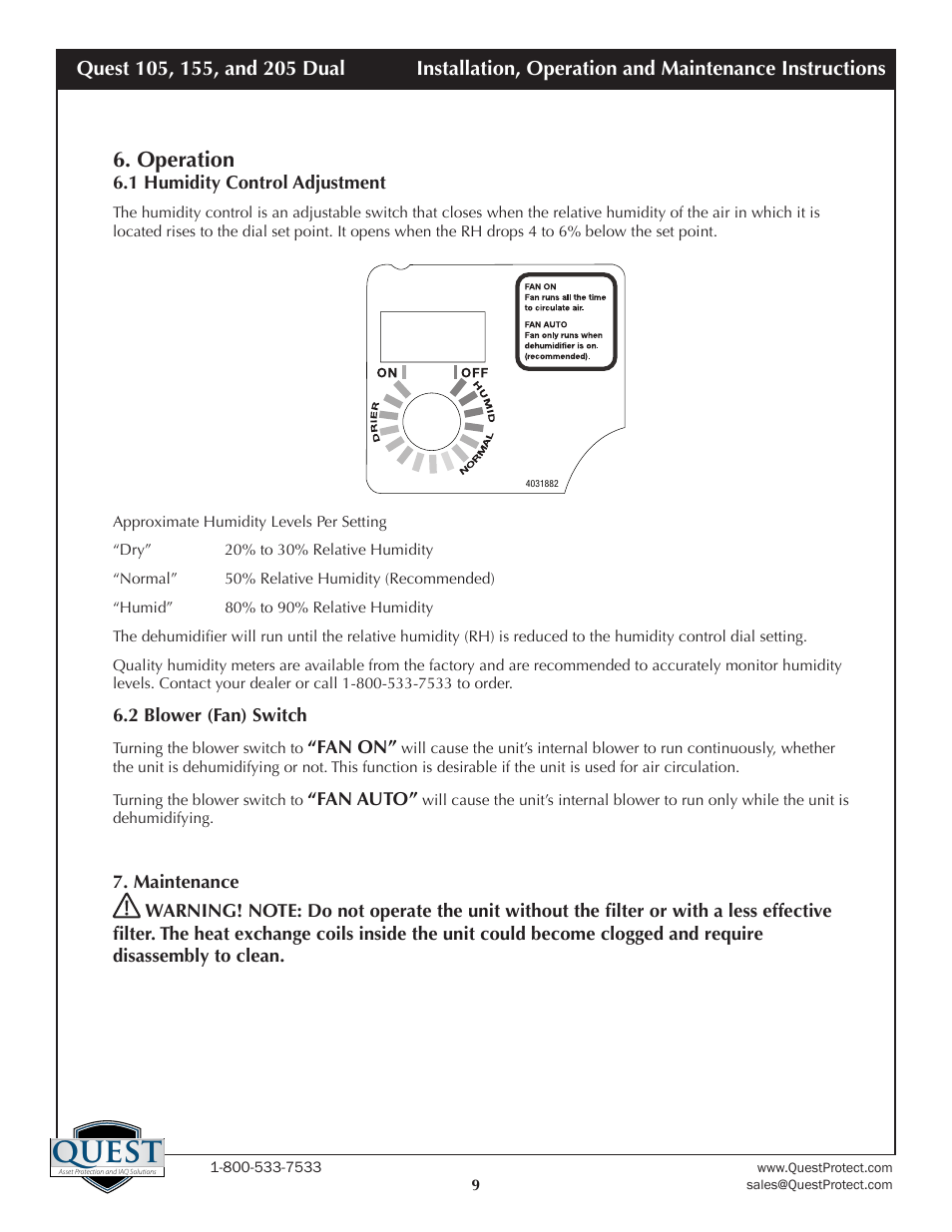 Quest, Operation | Sunlight Supply Quest Dual 155 Overhead Dehumidifier User Manual | Page 9 / 15