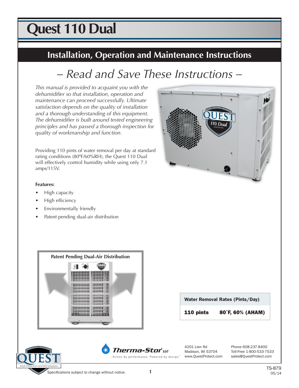 Sunlight Supply Quest Dual 110 Overhead Dehumidifier User Manual | 14 pages