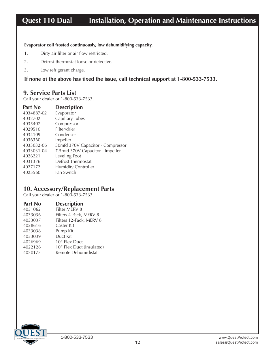Quest, Service parts list, Accessory/replacement parts | Sunlight Supply Quest Dual 110 Overhead Dehumidifier User Manual | Page 12 / 14