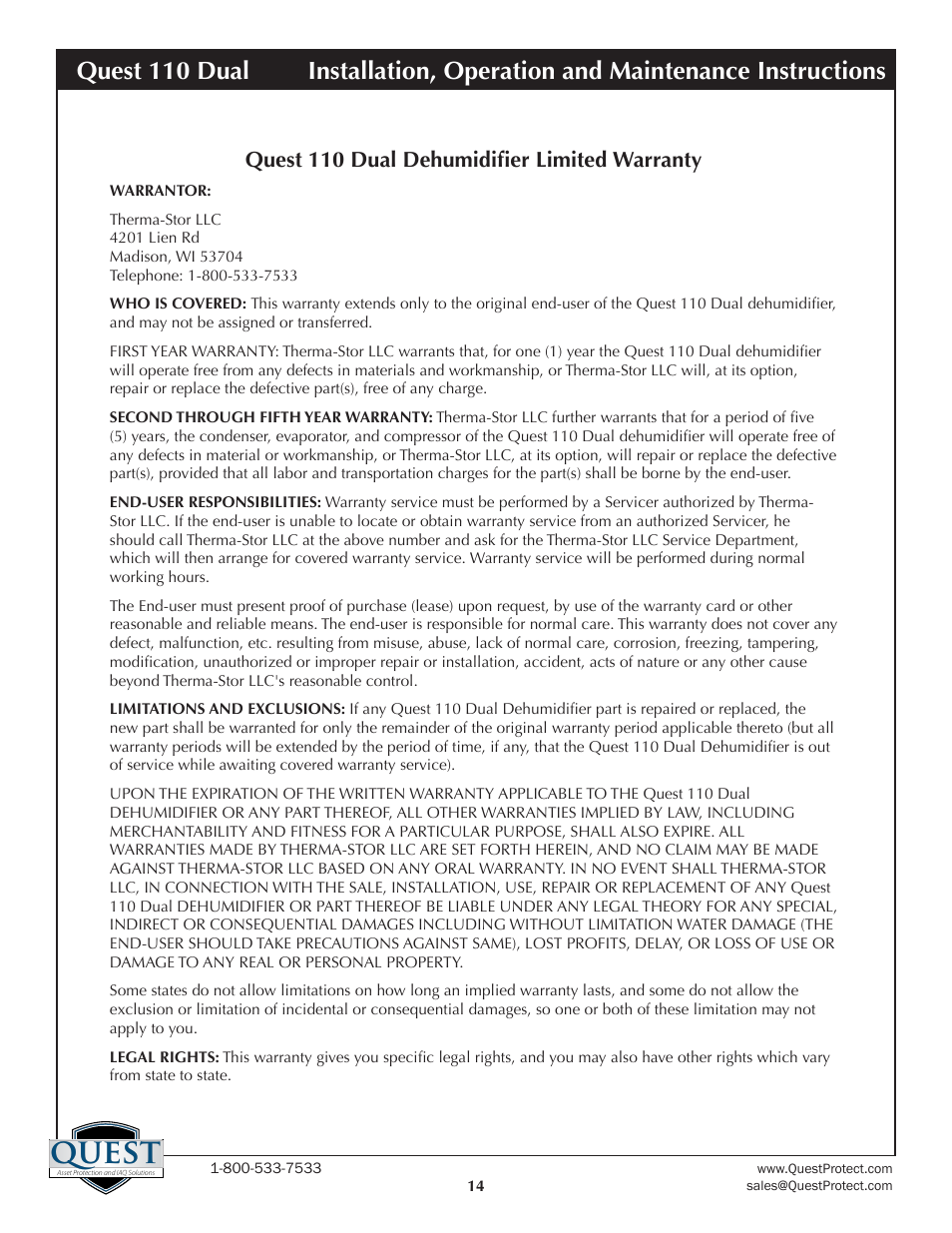 Quest, Quest 110 dual dehumidifier limited warranty | Sunlight Supply Quest Dual 110 Overhead Dehumidifier User Manual | Page 14 / 14