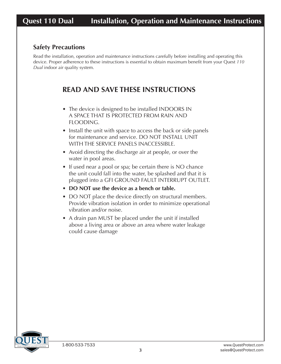 Quest, Read and save these instructions | Sunlight Supply Quest Dual 110 Overhead Dehumidifier User Manual | Page 3 / 14