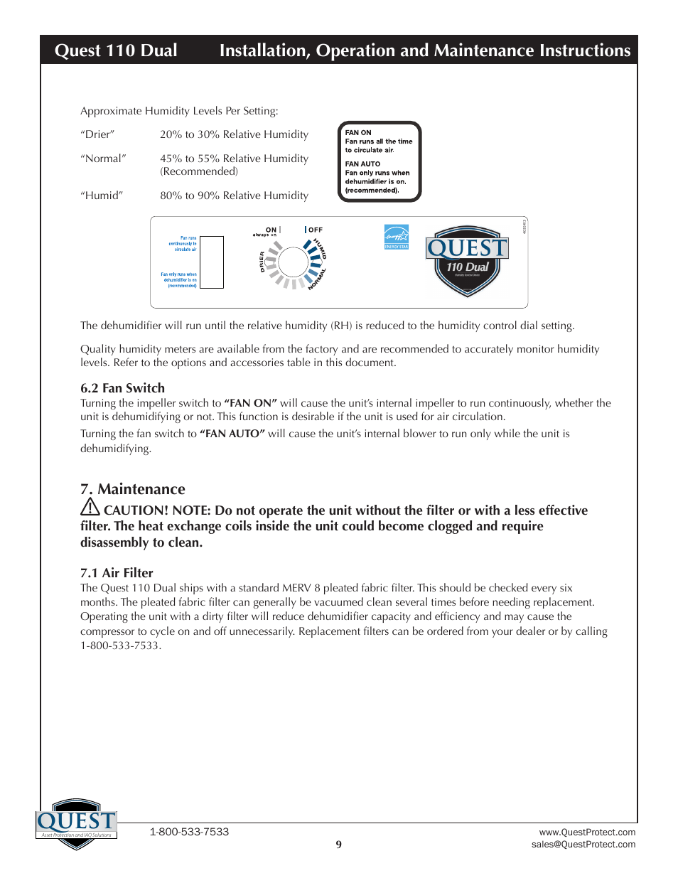 Quest, Maintenance | Sunlight Supply Quest Dual 110 Overhead Dehumidifier User Manual | Page 9 / 14