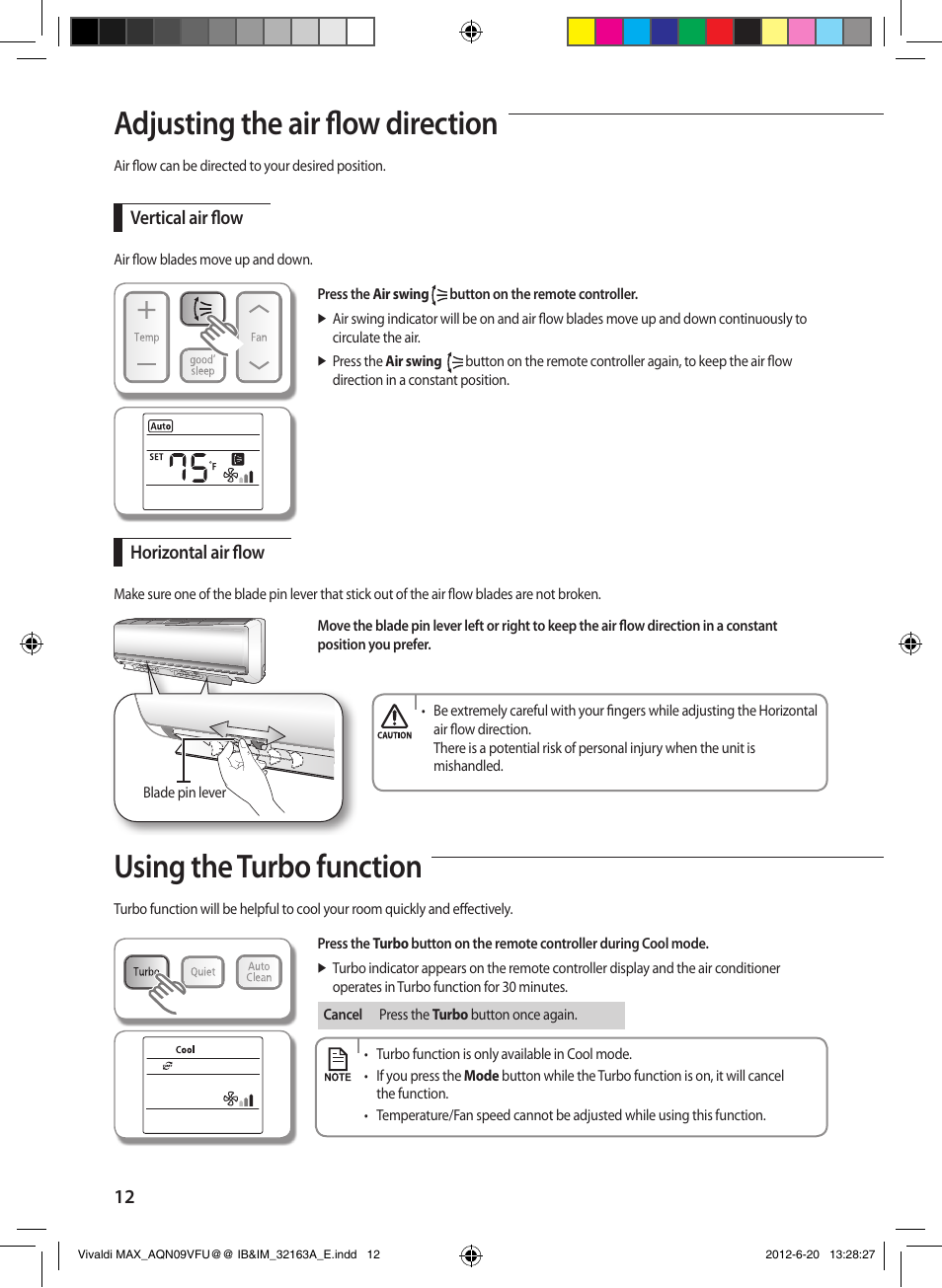 Adjusting the air flow direction, Using the turbo function | Sunlight Supply Samsung Linesets for Mini Split Systems User Manual | Page 12 / 44