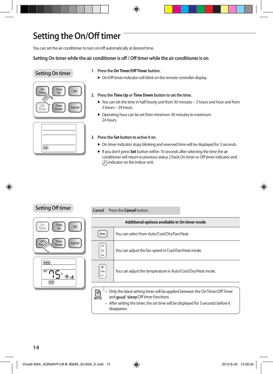 Setting the on/off timer, Setting on timer setting off timer | Sunlight Supply Samsung Linesets for Mini Split Systems User Manual | Page 14 / 44