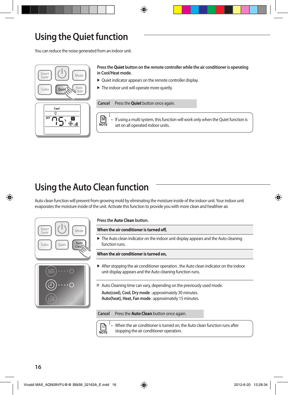 Using the quiet function, Using the auto clean function | Sunlight Supply Samsung Linesets for Mini Split Systems User Manual | Page 16 / 44