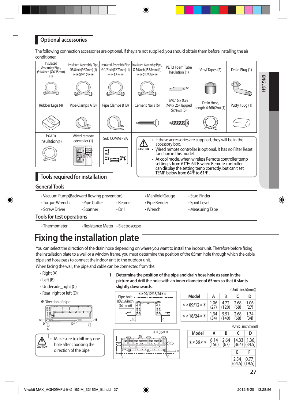 Fixing the installation plate, Optional accessories, Tools required for installation | General tools, Tools for test operations | Sunlight Supply Samsung Linesets for Mini Split Systems User Manual | Page 27 / 44