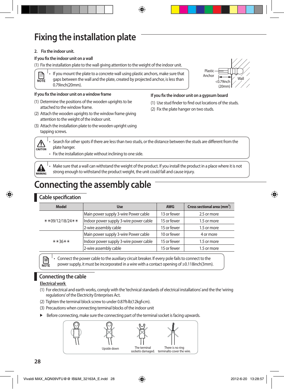 Fixing the installation plate, Connecting the assembly cable, Cable specification connecting the cable | Sunlight Supply Samsung Linesets for Mini Split Systems User Manual | Page 28 / 44
