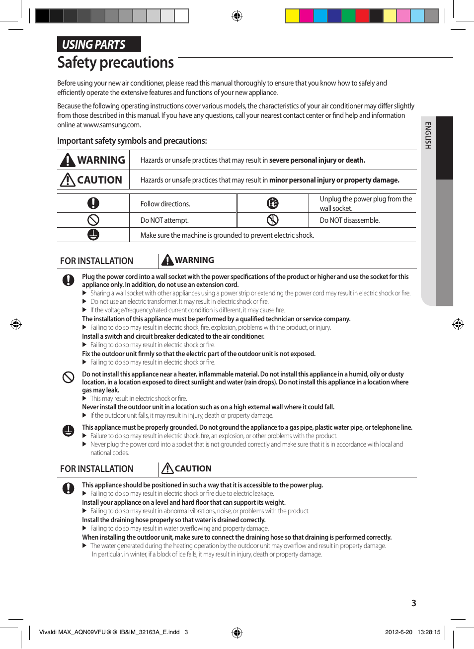 Safety precautions, Using parts, Warning | Caution, For installation, Important safety symbols and precautions | Sunlight Supply Samsung Linesets for Mini Split Systems User Manual | Page 3 / 44